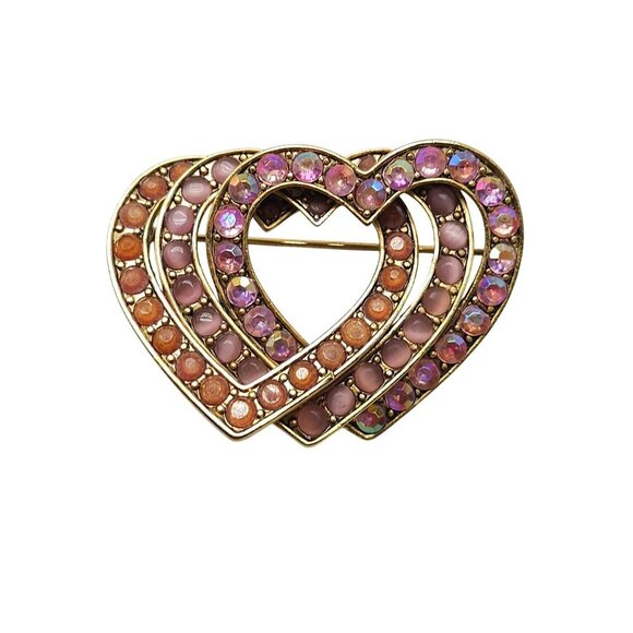 Vintage Liz Claiborne Gold Tone Interlocking Heart Brooch With Pink Rhinestones - Picture 1 of 6